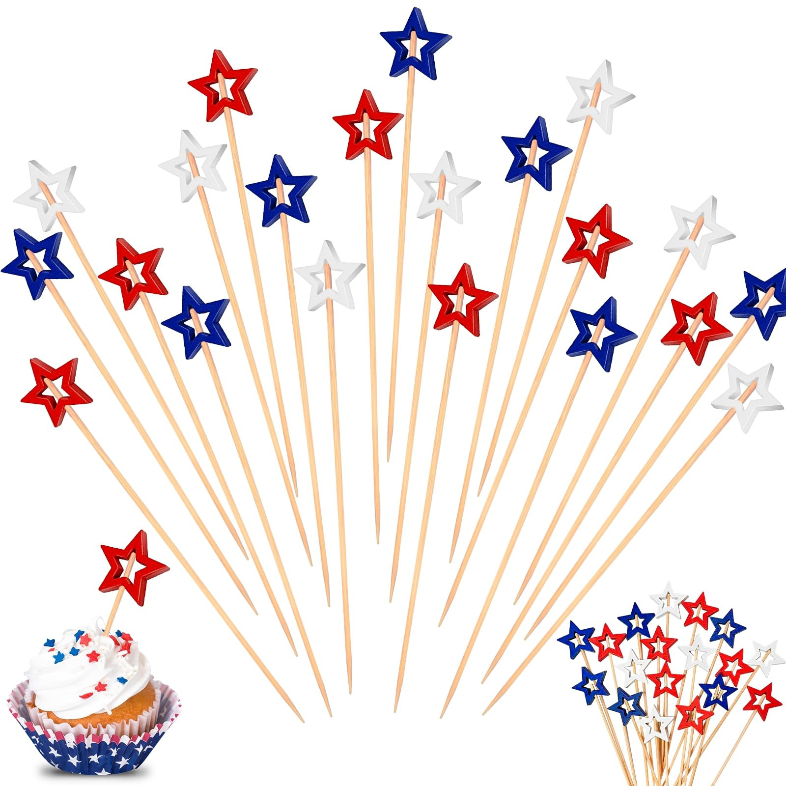 100 Pack Patriotic Star Cocktail Picks 5 Inch Long Red White Blue Fancy Toothpicks 4th of July De... | Amazon (US)
