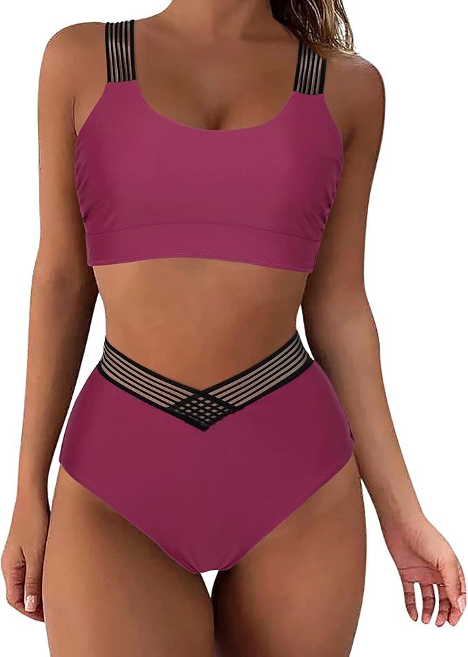 SUUKSESS Women Crisscross Slimming High Waist Bikini Sexy Mesh 2 Piece Swimsuits | Amazon (US)