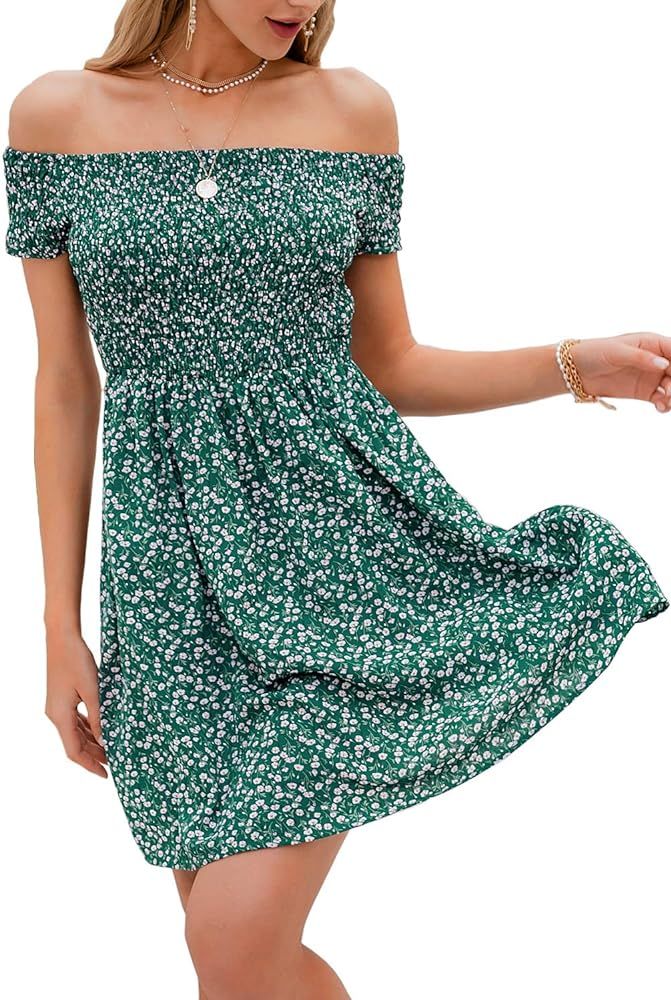 Women's Vintage Off Shoulder High Waist Floral Print Beach Mini Dress | Amazon (US)