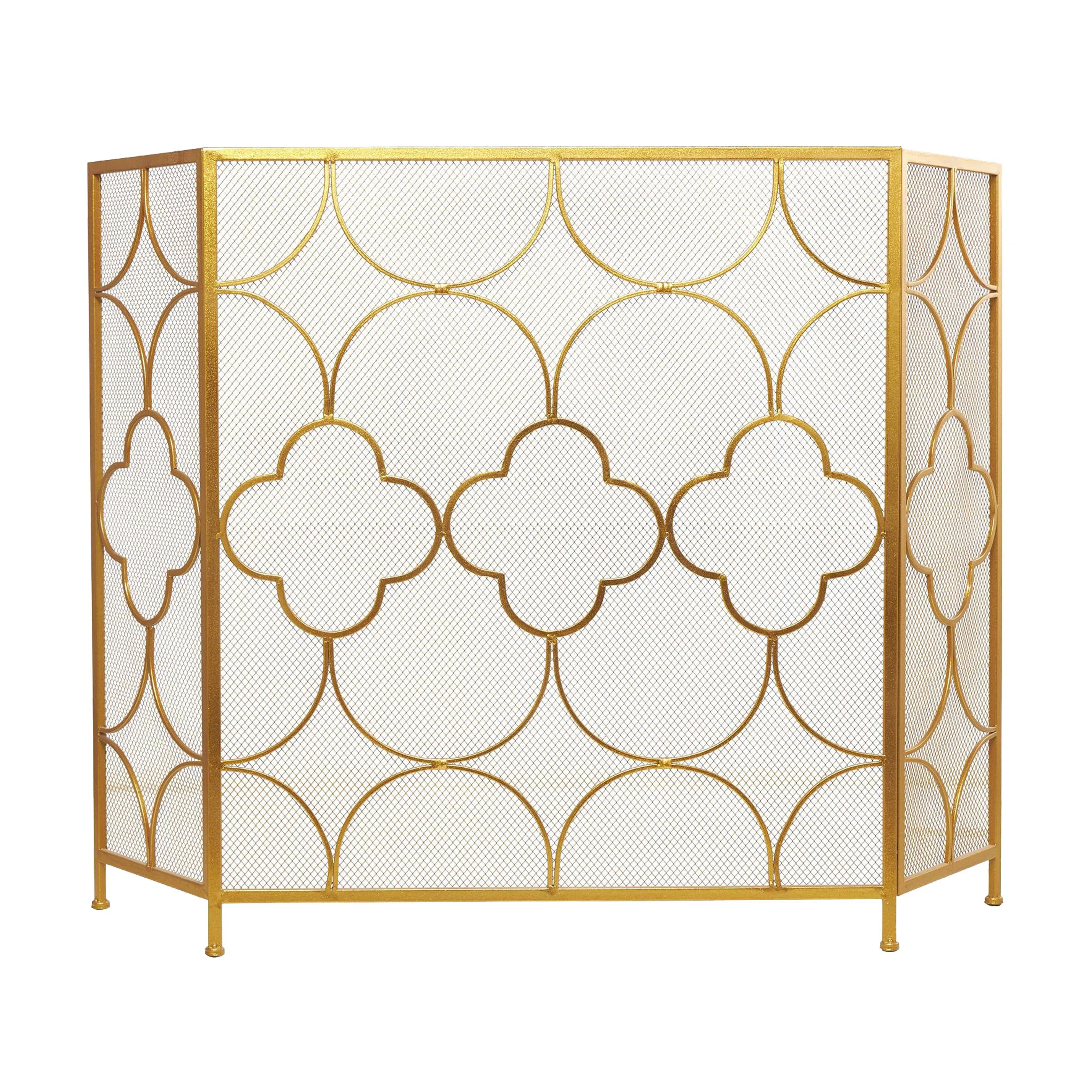 Eliphaz 50 Inch 3 Panel Metal Fireplace Screen, Quatrefoil Design, Gold | Wayfair North America