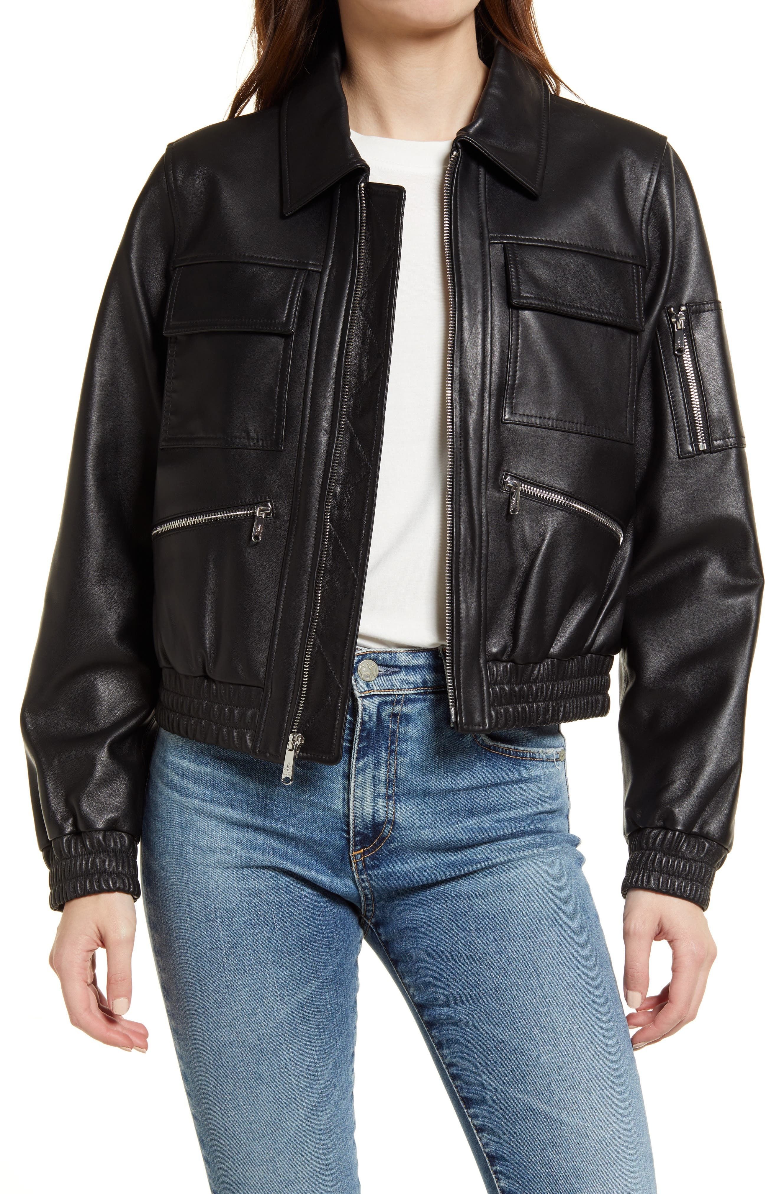 Sam Edelman Leather Bomber Jacket in Black at Nordstrom, Size Small | Nordstrom