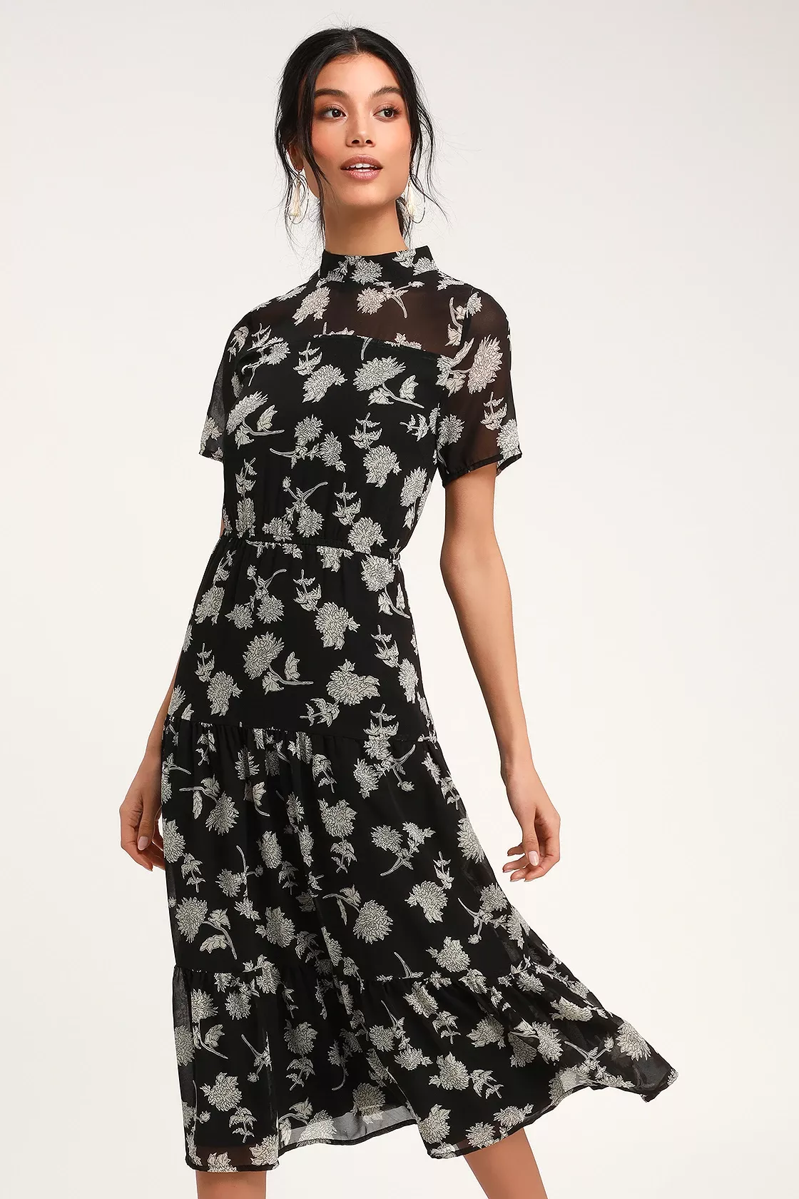 Cascading Crush Black Floral Print Tiered Bustier Midi Dress