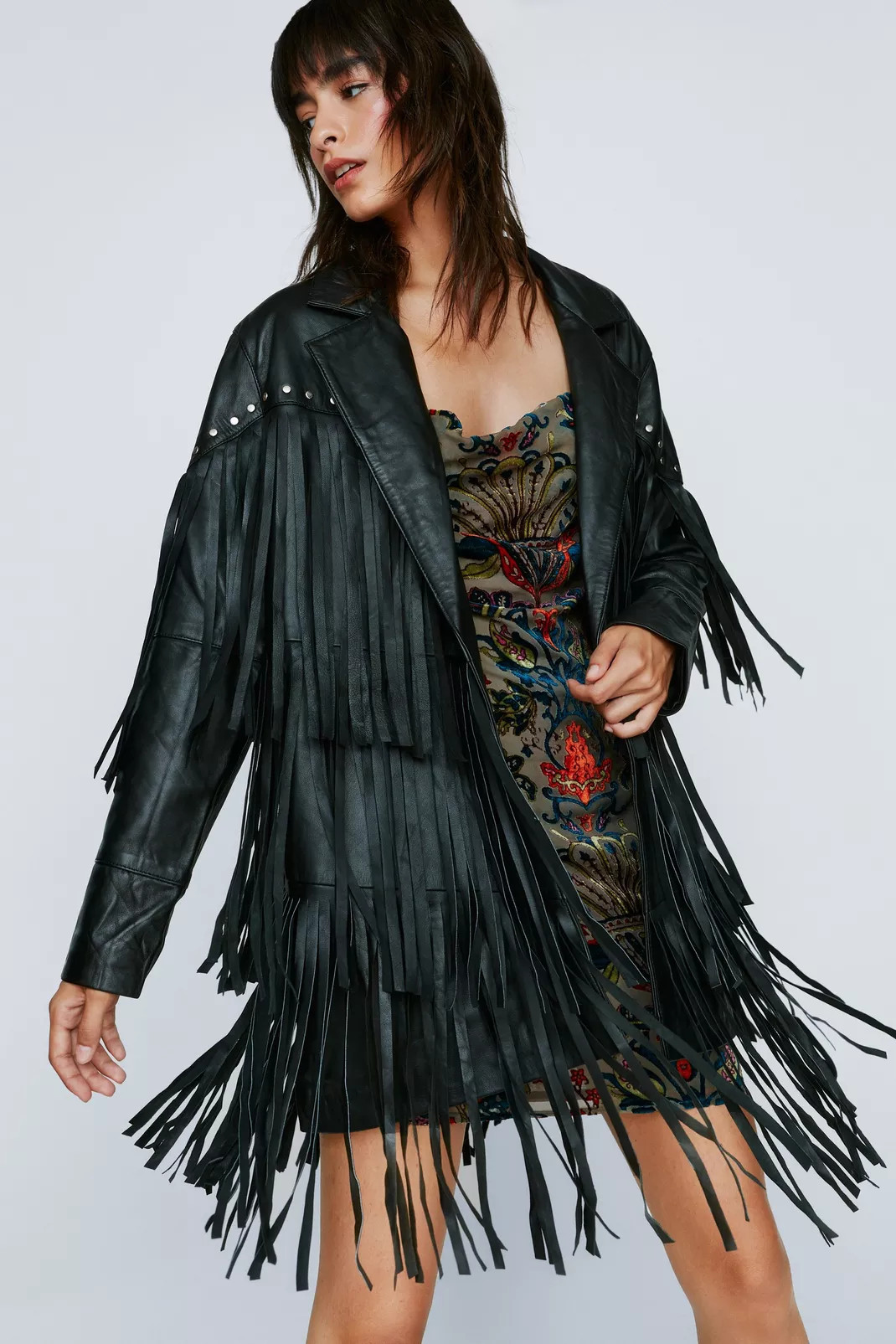 Fringe Detail Studded Real Leather Jacket | Nasty Gal (US)