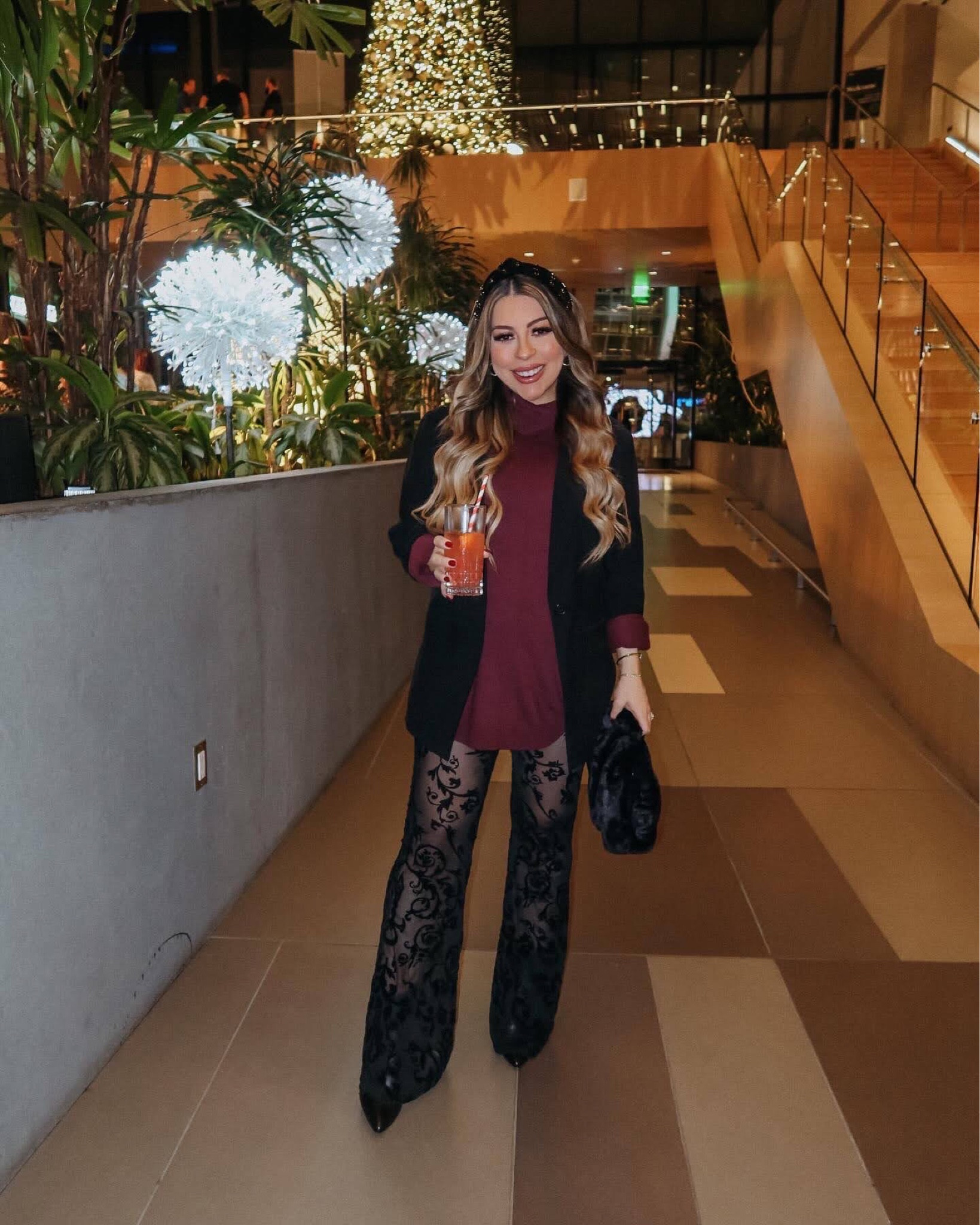 Lace pants, black blazer, oversized sweater and gold jewelry 

#LTKHoliday #LTKSeasonal #LTKstyletip