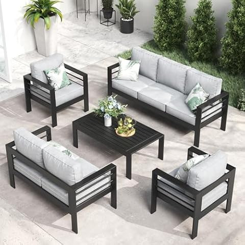 Outdoor Aluminum Furniture Set - 4 Pieces Modern Patio Conversation Sets Metal Sectional Sofa wit... | Amazon (US)