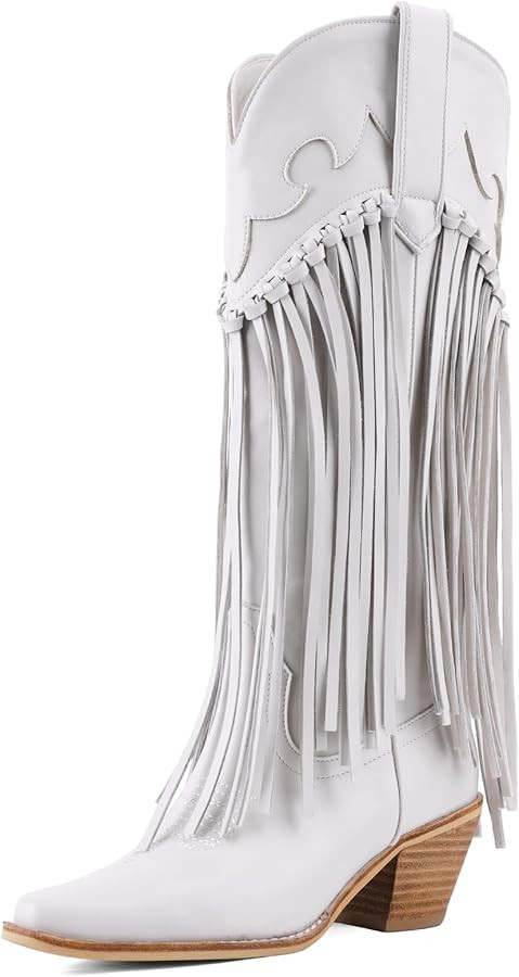 Women's Fringe Cowboy Boots Knee High Pointed Toe Chunky Embroidered Western Tassel Cowgirl Boots | Amazon (US)