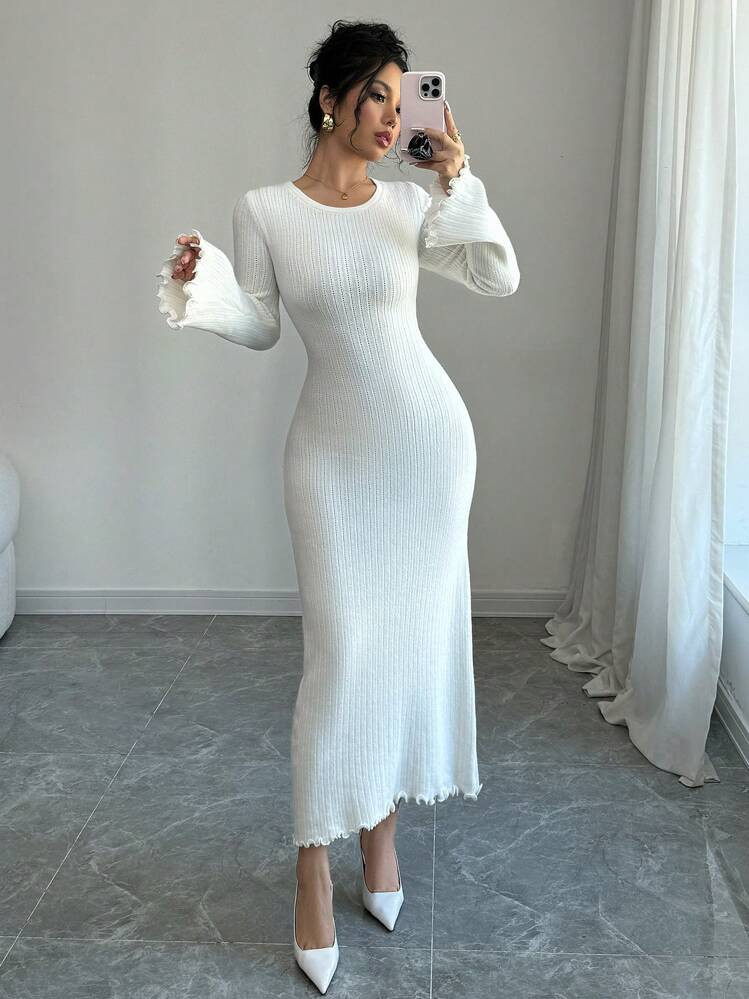 SHEIN Raffinéa V-Neck Mid-Length Slim Fit Sweater Dress | SHEIN