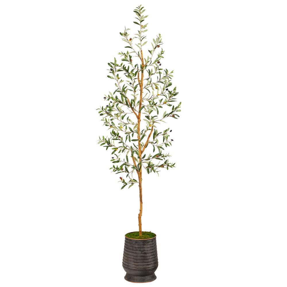 Nearly Natural 74in. Olive Artificial Tree in Ribbed Metal Planter | The Home Depot