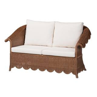 Detta 63 in. Natural Rattan 2-Seater Loveseat in Peanut Brown with Fabric Cushions | The Home Depot