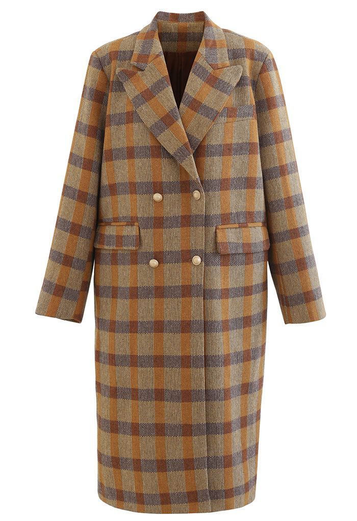 Colored Check Wool-Blend Double-Breasted Longline Coat | Chicwish