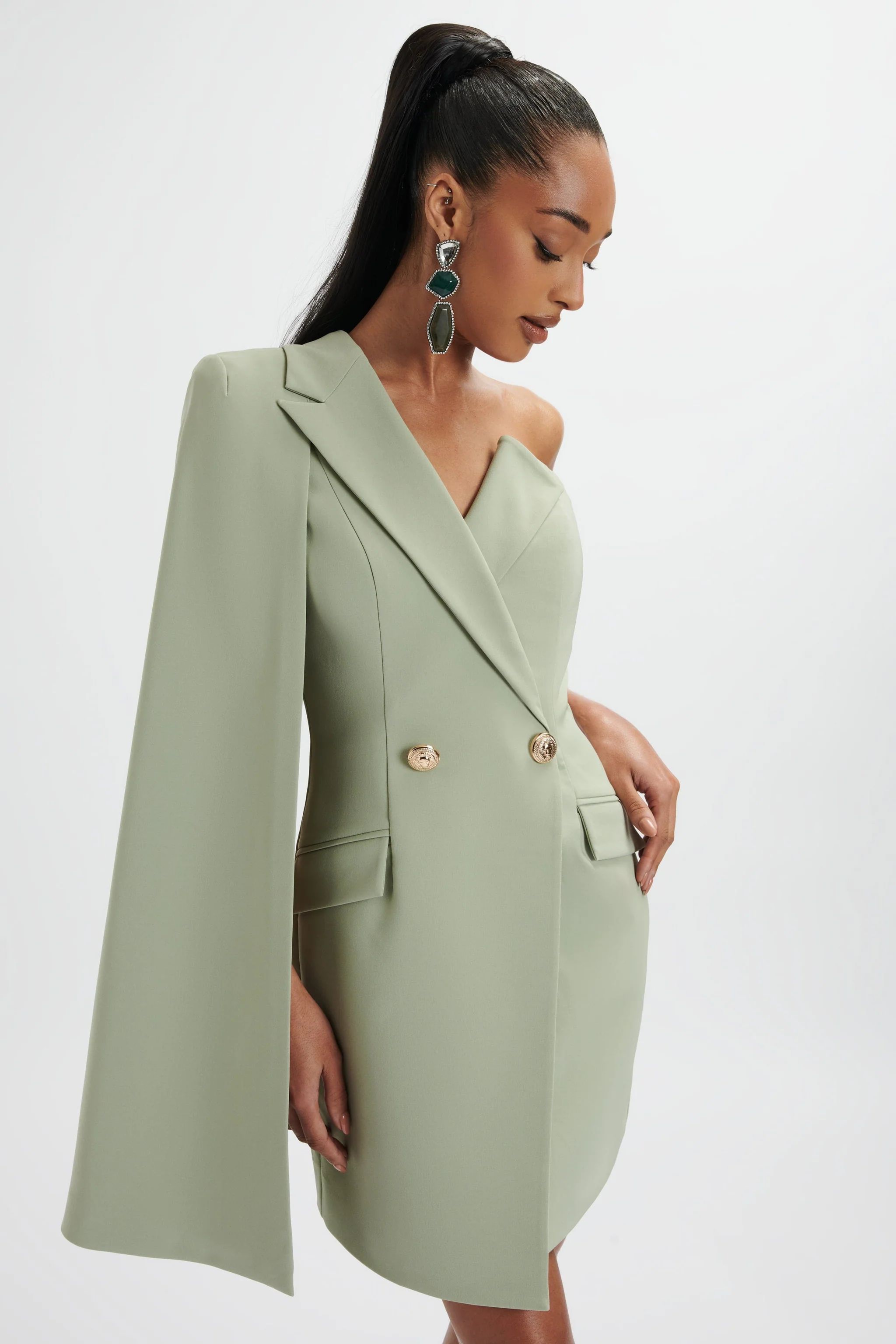 AIRE One Shoulder Cape Blazer Dress in Sage Green | Lavish Alice Retail Ltd