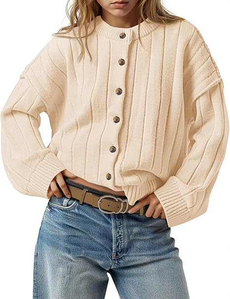 Saodimallsu Womens Open Front Cardigan Sweaters Button Down Knit Long Sleeve Crewneck Casual Loos... | Amazon (US)