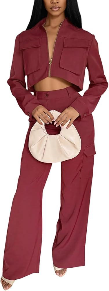 Voghtic Cargo Sets Women 2 Piece Outfits Zip Up Long Sleeve Cropped Jacket High Waisted Cargo Pan... | Amazon (US)