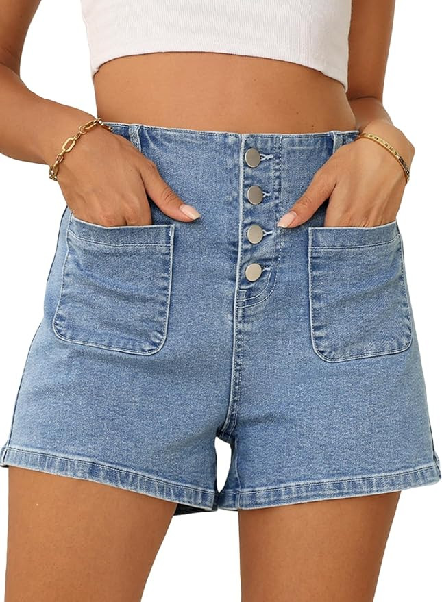 Sidefeel Women's Jean Shorts Button Fly Stretchy High Waisted Summer Outfit Denim Shorts | Amazon (US)