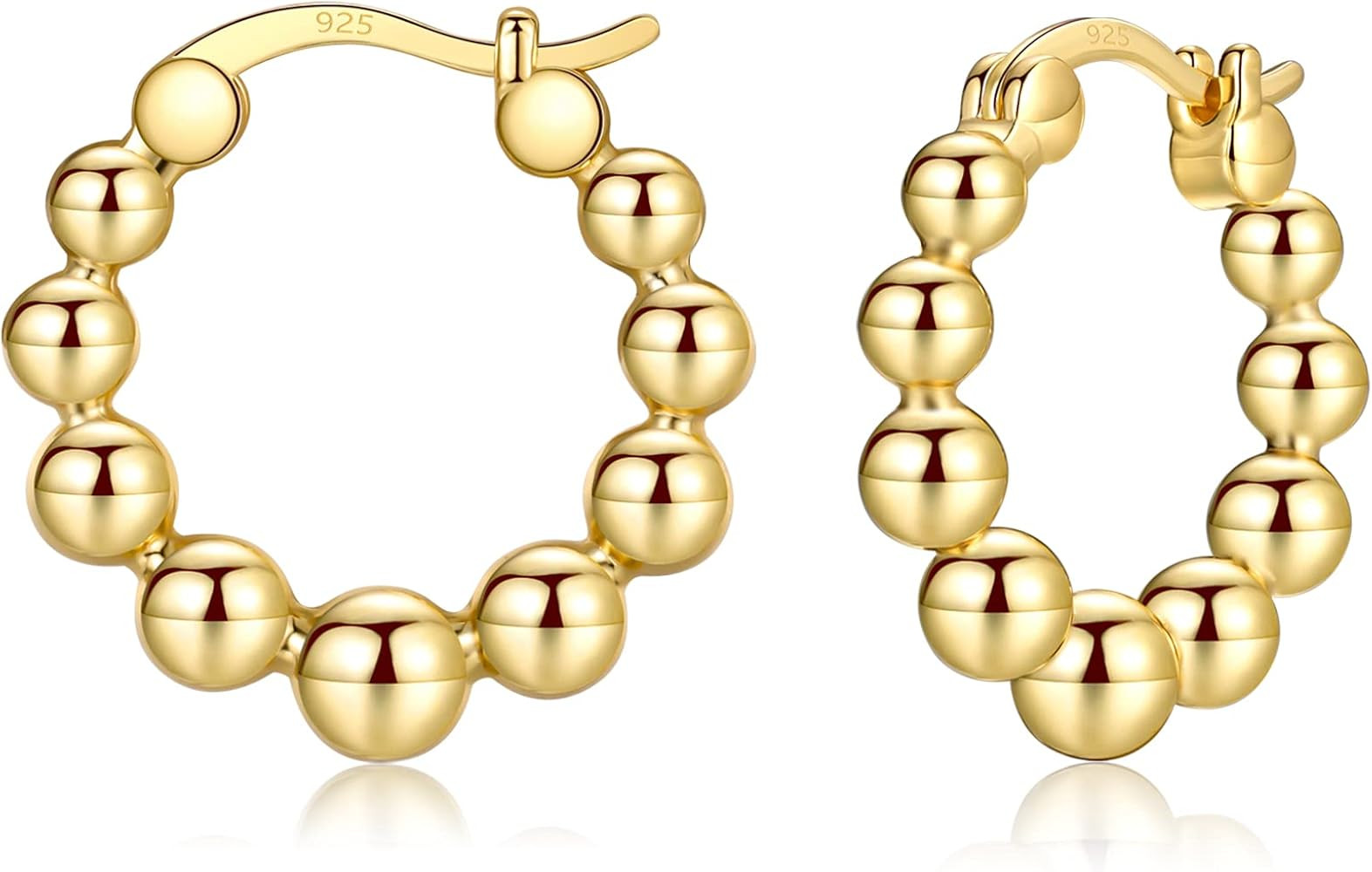 Gold Chunky Hoop Earrings for Women | Thick 925 Sterling Silver Post Beaded Ball Huggies Earrings... | Amazon (US)