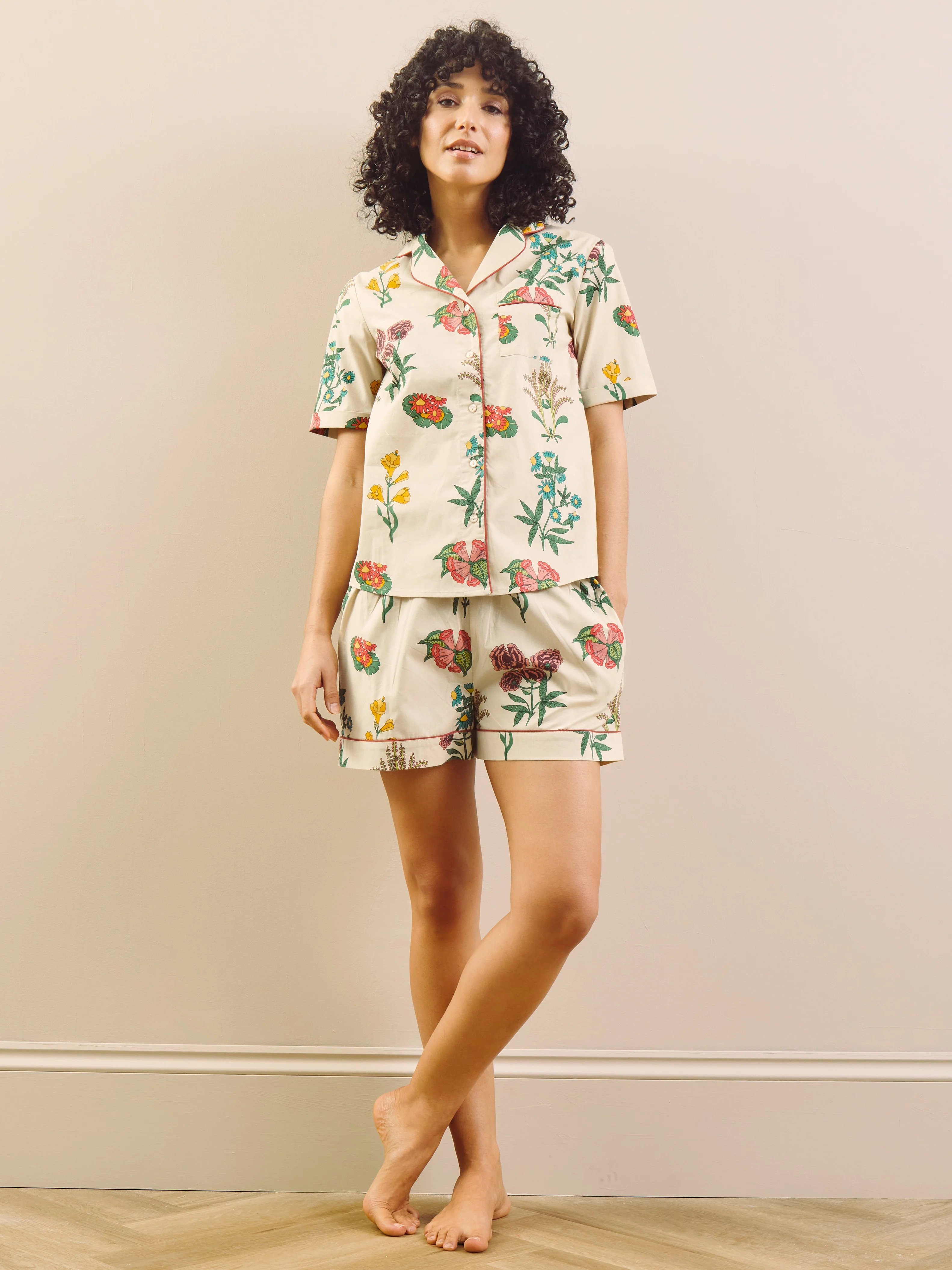 Womens Natural Cream Wallpaper Floral Cotton Shorts Pyjama Set | Their Nibs UK