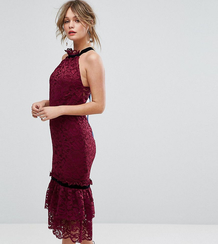 Hope & Ivy Lace Dress With High Neck And Ruffle Hem Detail - Red | ASOS US