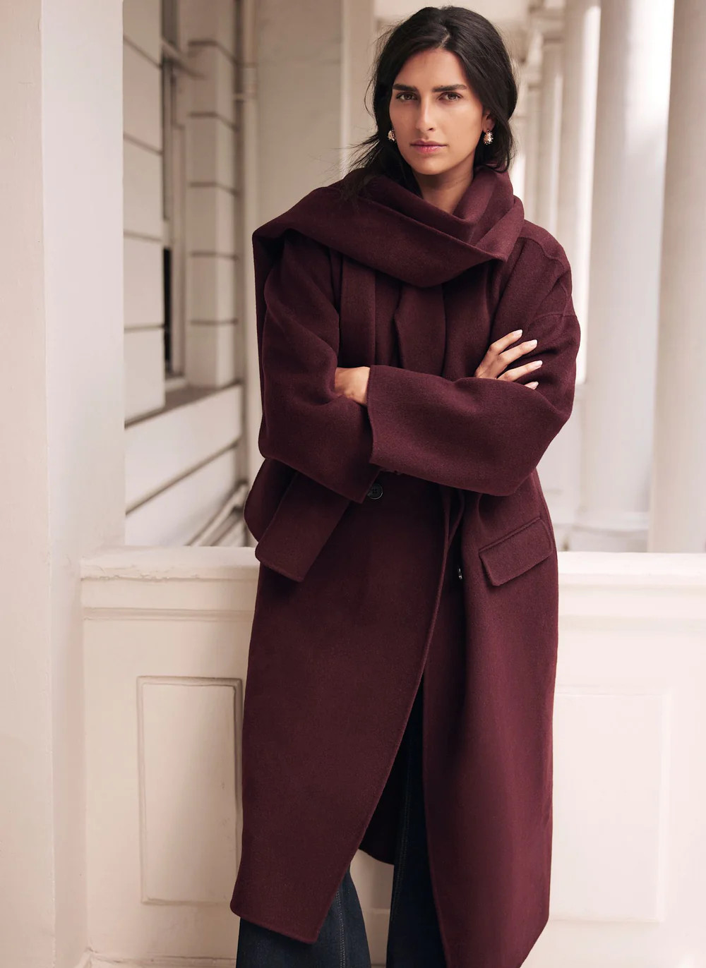Burgundy Hand Finished Wool Blend Scarf Coat | Mint Velvet