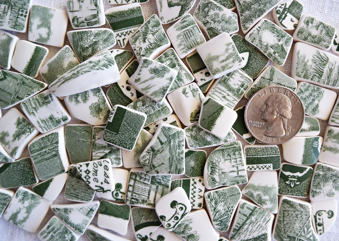 Green White SEA POTTERY - 12 PIECES - Size 1/4" to 3/4" - Faux Sea Pottery - Tumbled Tiles - Vint... | Etsy (US)