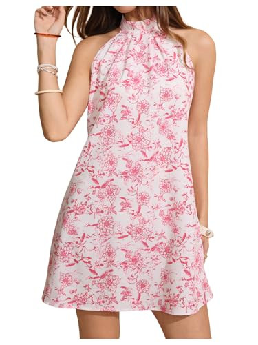 Floerns Women's Sleeveless Floral Print Sundress Halter Neck A Line Short Dress | Amazon (US)