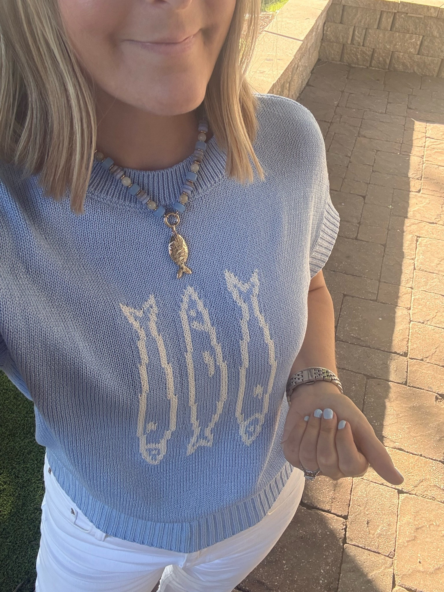 Love this cute summer sweater with the fish 🐟🤍wearing a size down (small) it's 50% off right now!

Workwear, work outfit, casual work style, summer outfits, summer workwear

#LTKootd #LTKWorkwear #LTKSaleAlert