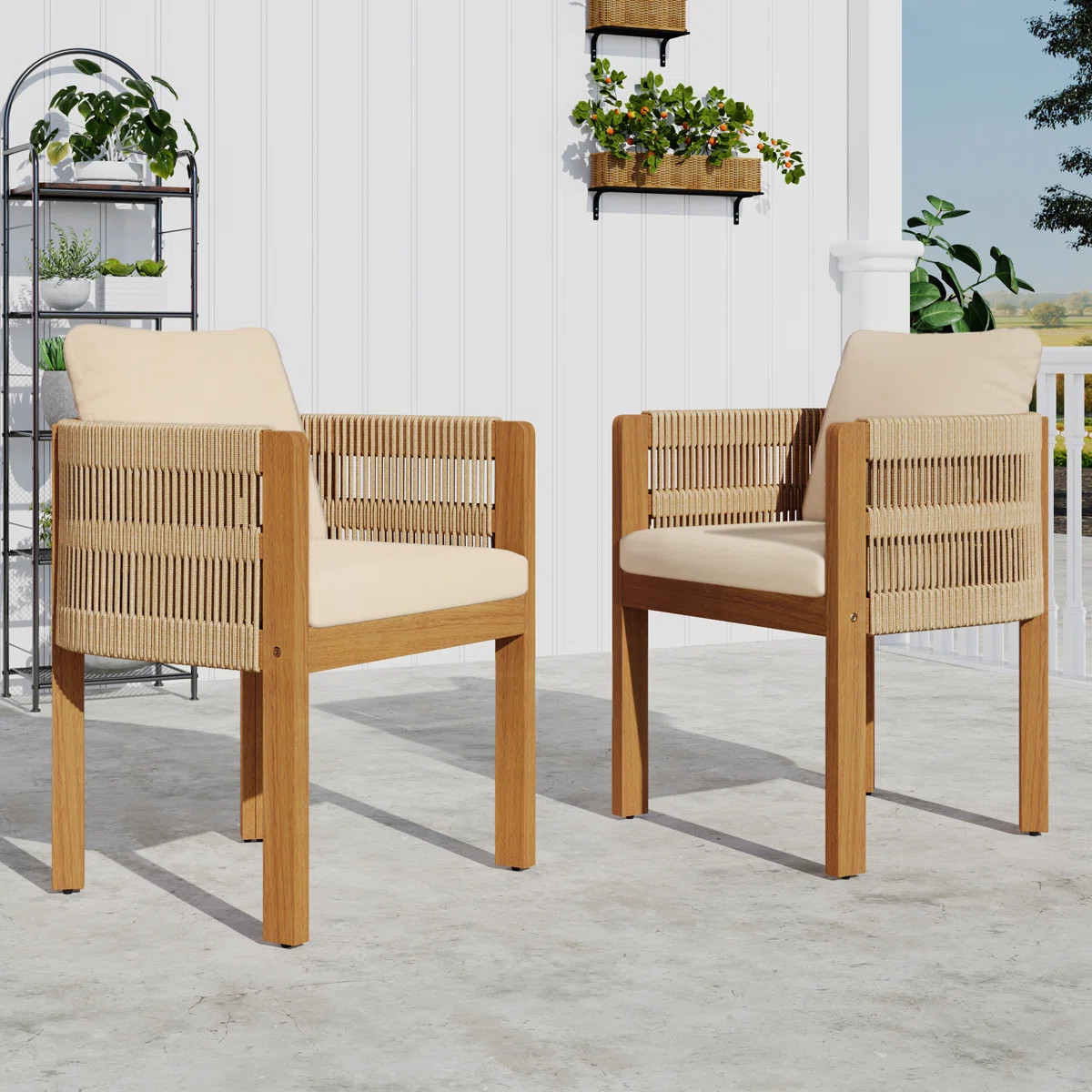 Gariepy Patio Acacia Wood Dining Chairs With Woven Rope & Cushions (Set of 2) | Wayfair North America