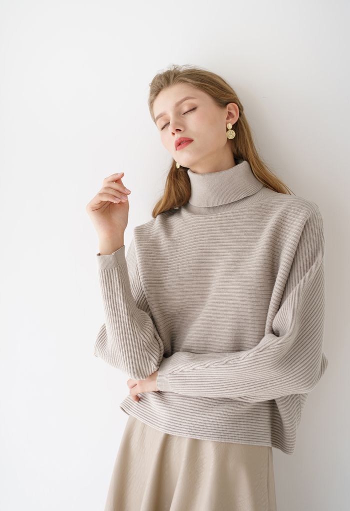 Basic Rib Knit Cowl Neck Crop Sweater in Sand | Chicwish