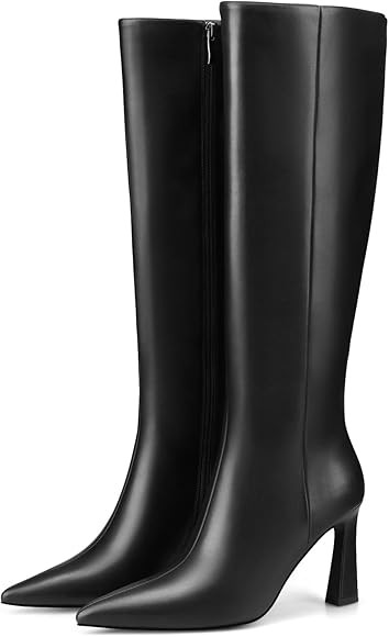 Adrizzlein Knee High Boots Women Pointed Toe Chunky High Heel Long Boots Side Zipper Dress Tall B... | Amazon (CA)