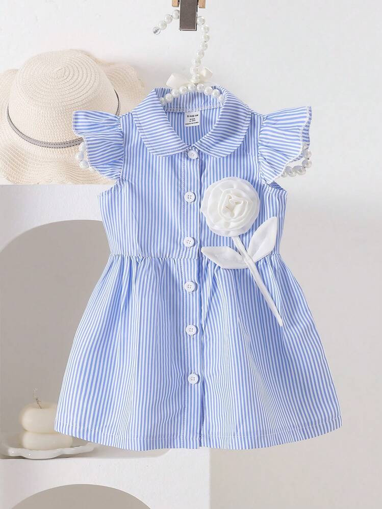 SHEIN Playful Pals 1pc Baby Girls Peter Pan Collar Ruffled Cap Sleeve Dress, Button Front Sleeveless A-Line High Waist Striped 3D Floral Rose Print Fashion Versatile Casual Dress For Daily Wear, Travel & Holiday, Summer New Arrival Blue And White Striped Baby Dress | SHEIN