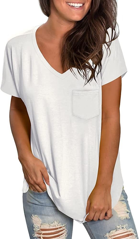 WEESO Women's V Neck Short Sleeve T Shirts with Pocket Drop Tail Hem Relaxed Fit Tees | Amazon (US)