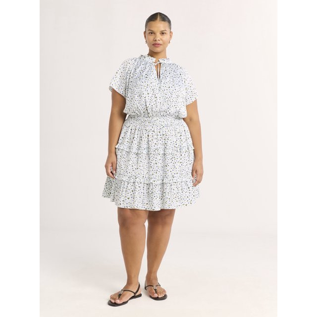 Scoop Women's Satin Mini Ruffle Dress with Cap Sleeves, Sizes XS-4X | Walmart (US)