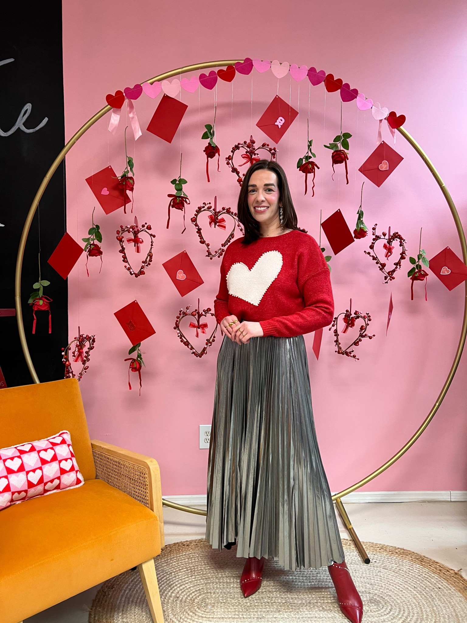 Red Heart sweater (extra small). Silver skirt (small). Red studded boots 8.5). #sweater #sweaters #heartsweater #redsweater #skirt #silverskirt #boots #redboots #studdedboots #valentinesdayoutfit
Valentine’s Day Outfit 
date night outfits 
Valentines outfit women

#LTKFindsUnder100 

#LTKValentine #LTKSeasonal