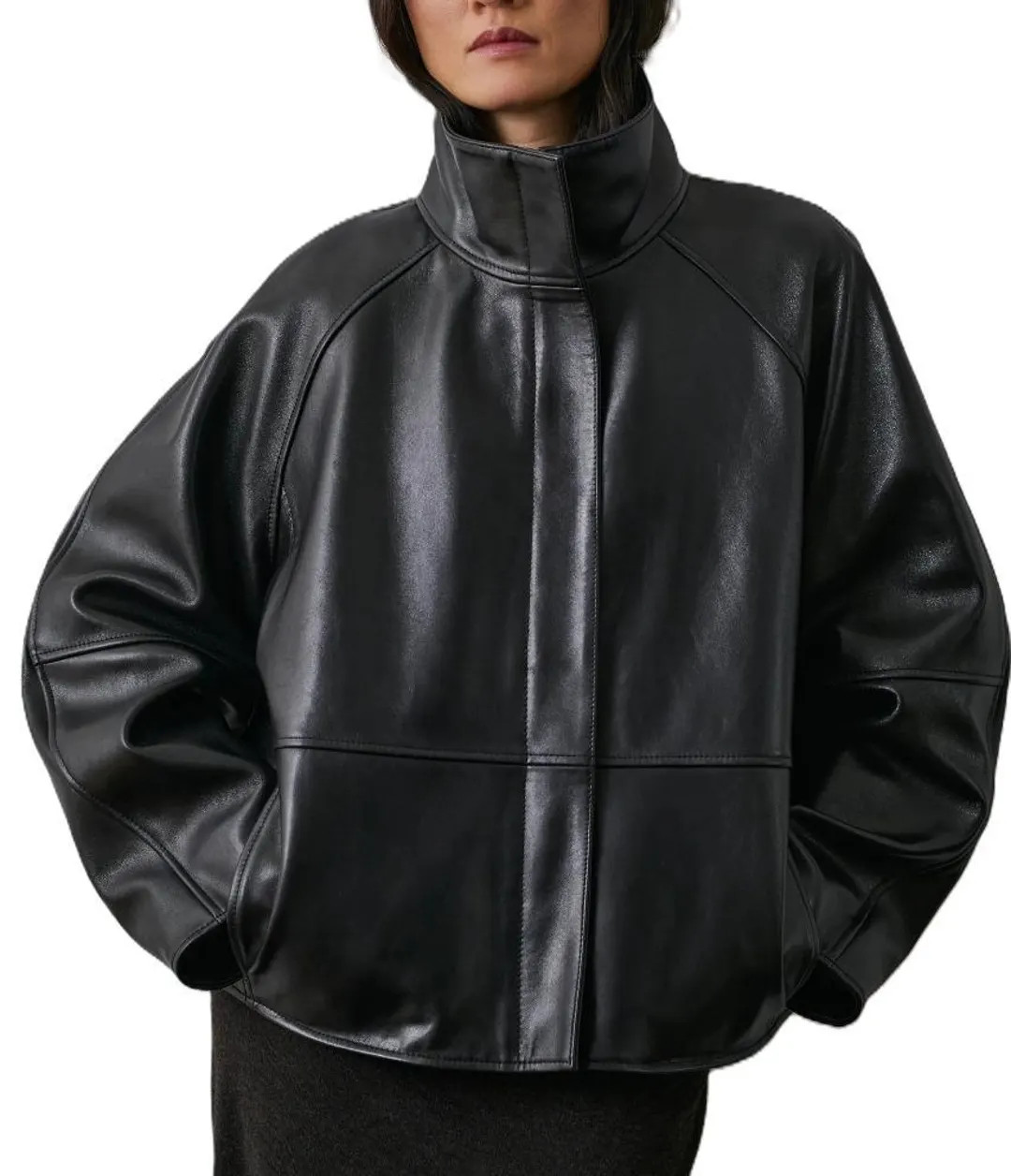 Oversized Black Leather Jacket for Women, High Neck Minimalist Coat, Wide Sleeve Modern Outerwear | Etsy (US)