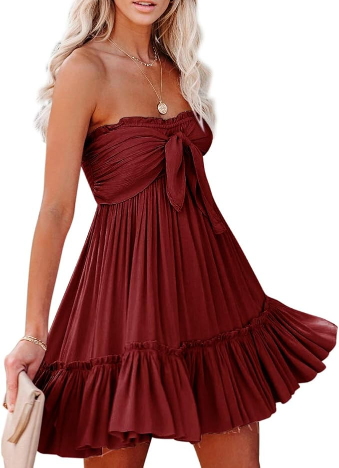 R.Vivimos Women's Summer Cotton Boho Beach Sleeveless Tie Front Mini Dress Tube Top Dress | Amazon (US)