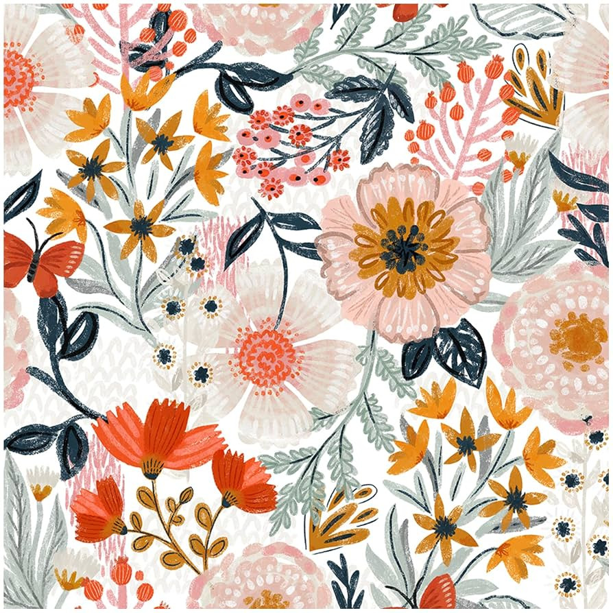 HAOKHOME Boho Peel and Stick Wallpaper Floral Wall Paper Removable for Bedroom White/Pink/Orange ... | Amazon (US)