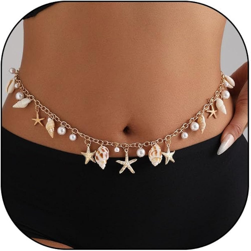 Summer Waist Chain Starfish Seashell Waist Bikini Chain for Women Faux Pearl Sea Animal Belly Cha... | Amazon (US)