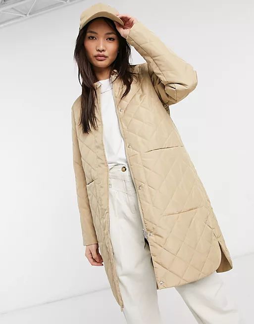 Selected Femme quilted longline coat in beige | ASOS (Global)