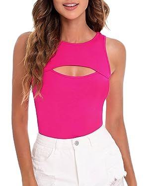Verdusa Women's Casual Cut Out Sleeveless Round Neck Slim Fitted Tank Top | Amazon (US)