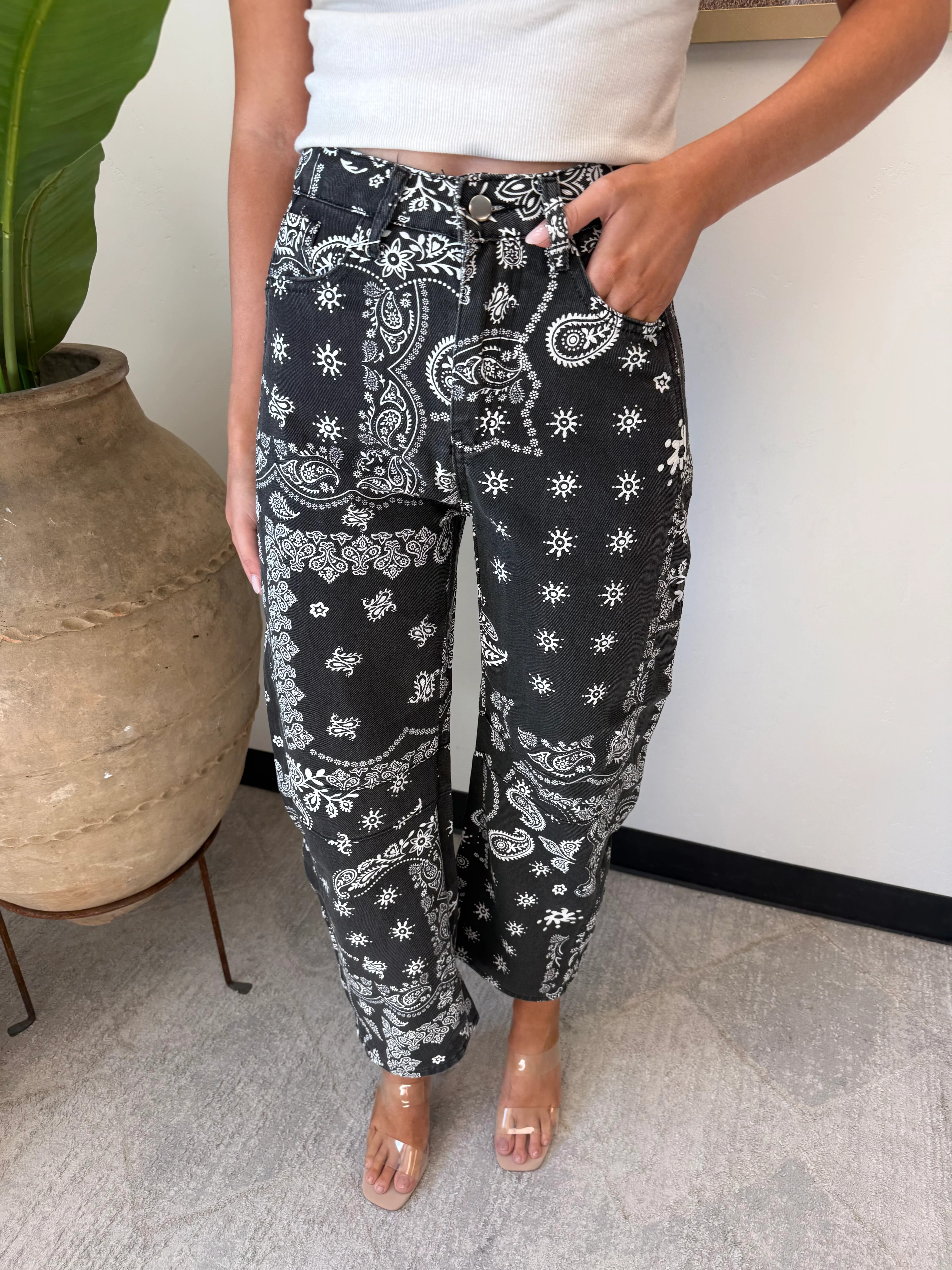 Paisley Barrel Leg Pants in Black | Glitzy Bella