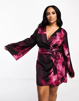 ASOS DESIGN Curve exclusive satin wrap mini dress with tie waist in abstract print | ASOS (Global)