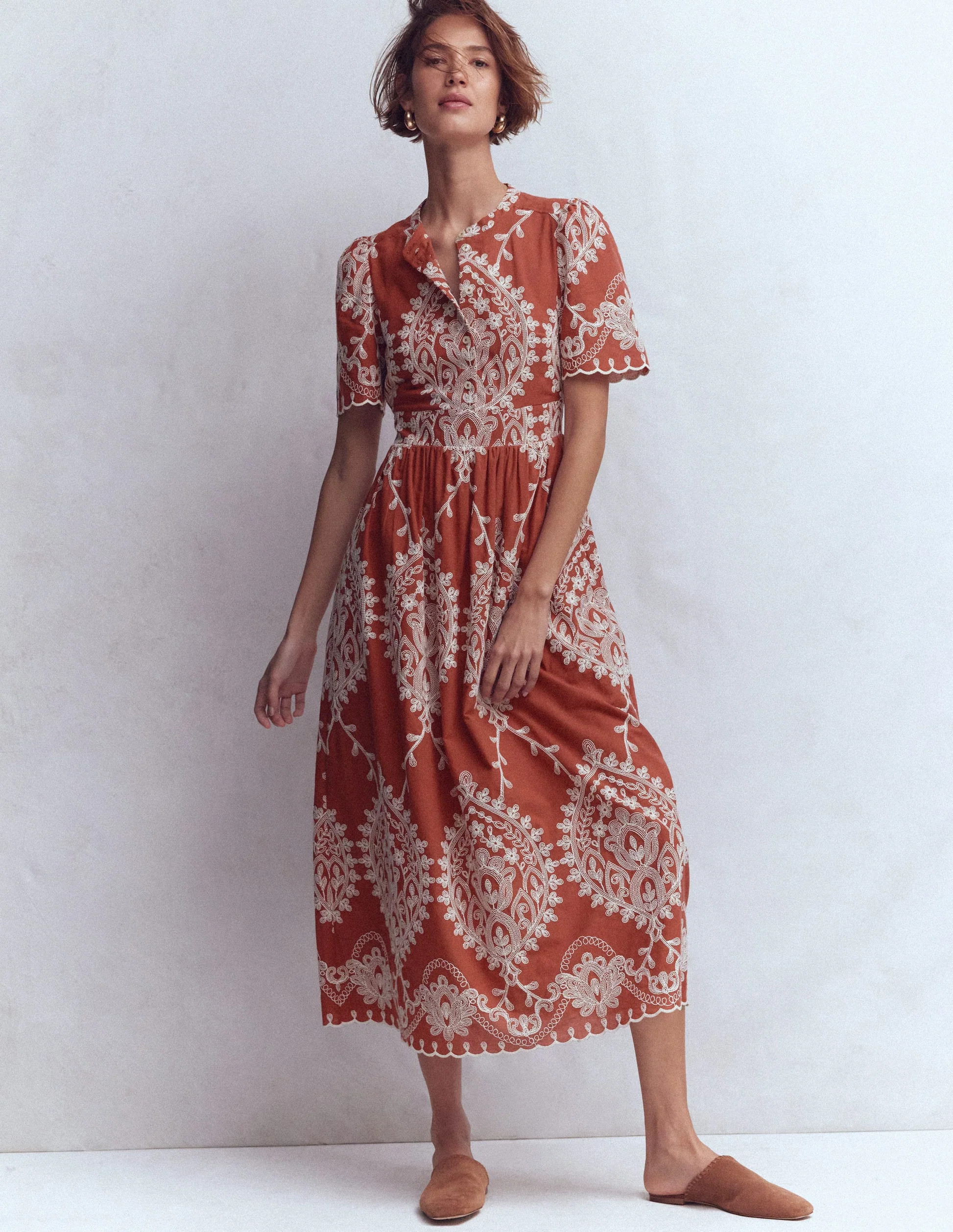 Ivy Placket Cotton Midi Dress-Rust Embroidery | Boden (US)