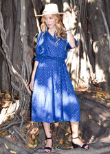 Never A Wallflower | Gathered Neck Button Down Dress in Navy Metallic Dot | Never A Wallflower