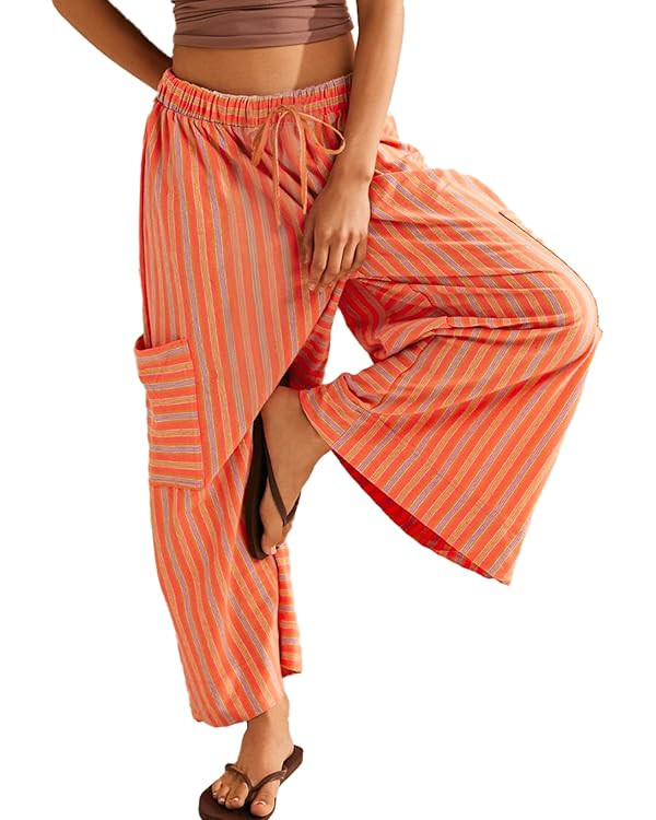EVALESS Women Palazzo Pants Summer Casual Wide Leg High Waist Lounge Flowy Beach Striped Trousers... | Amazon (US)