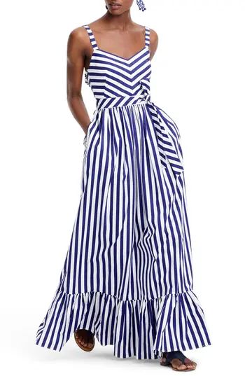 Women's J.crew Stripe Ruffle Maxi Dress, Size 14 - Blue | Nordstrom