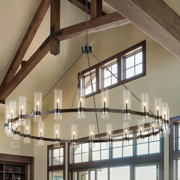 59" Large Black Wagon Wheel Chandelier, 24 Lights Modern Farmhouse Chandelier Round Pendant Light With Glass Shade, Industrial Foyer Chandelier For High Ceilings,living Room,dining Room | Wayfair North America