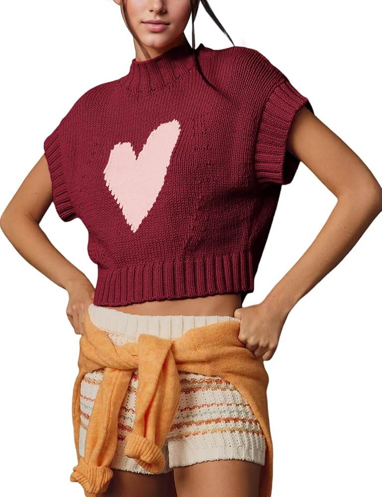 Womens Sweater Vest Mock Neck Cap Sleeve Sweater Tank Tops Cute Heart Knit Cropped Pullover Top | Amazon (US)