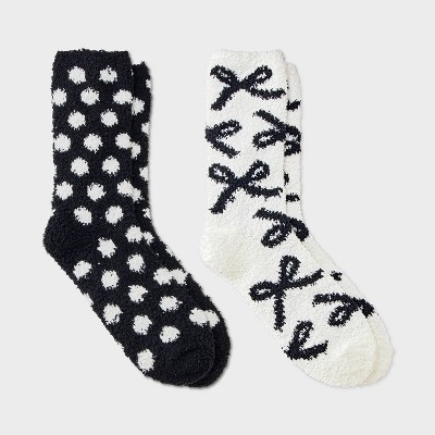 Women's Bows & Polka Dots 2pk Cozy Crew Socks - White/Black 4-10 | Target