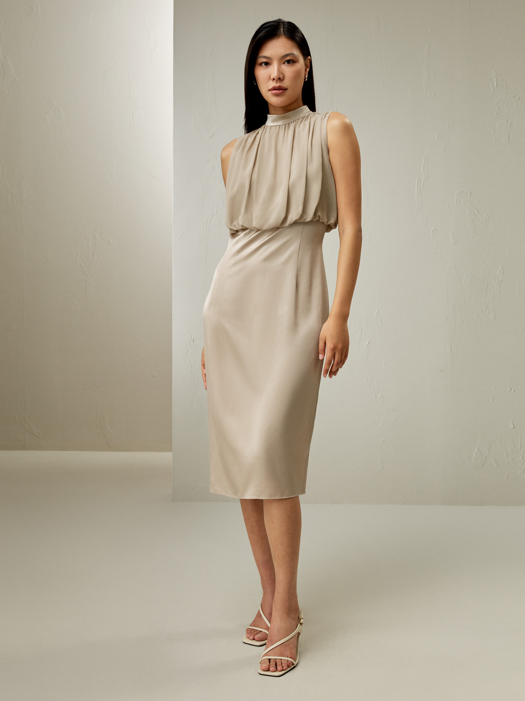 Pleated Sleeveless Midi Silk Dress | LilySilk