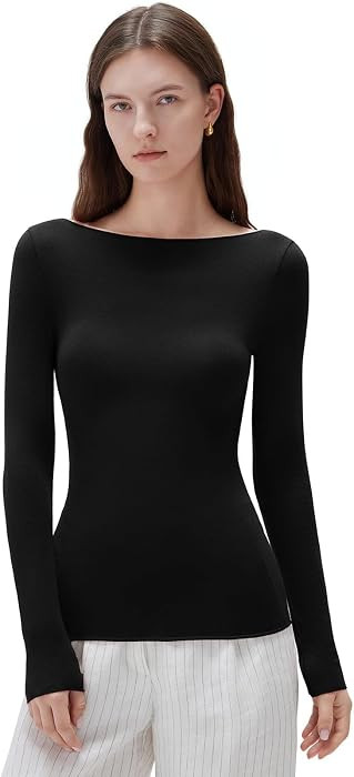 SUUKSESS Cloud Cashmere Women Boat Neck Fitted Long Sleeve Shirt Basic Knit Tops | Amazon (US)