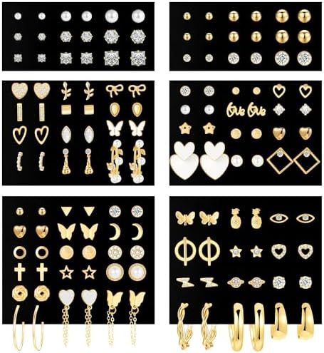 70 Pairs Gold Stud Earrings Set for Women Multipack, Trendy Hypoallergenic Pearl Cubic Zirconia M... | Amazon (US)